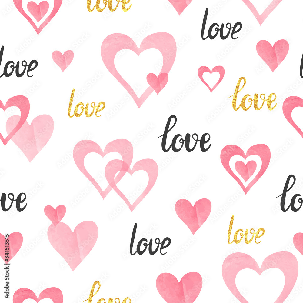 Seamless pink hearts pattern. Valentines Day love background.
