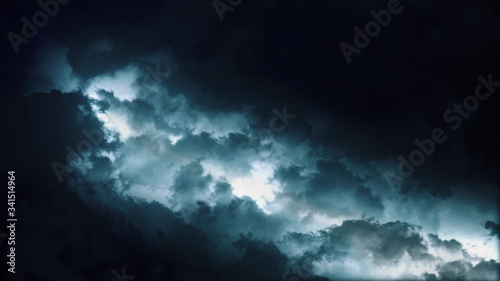 Epic thunderstorm clouds at night with lightning. Realistic black storm sky timelapse with powerful flashes and lights. Force of nature and dark environment 3D illustration. Severe weather background © Eduard Muzhevskyi