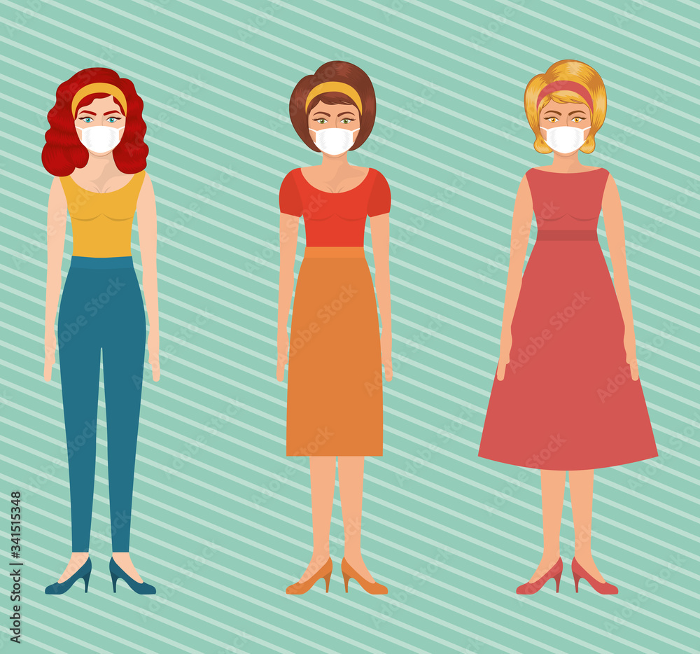 Pop art women with masks over striped background vector design Pop art women with masks over striped background vector design