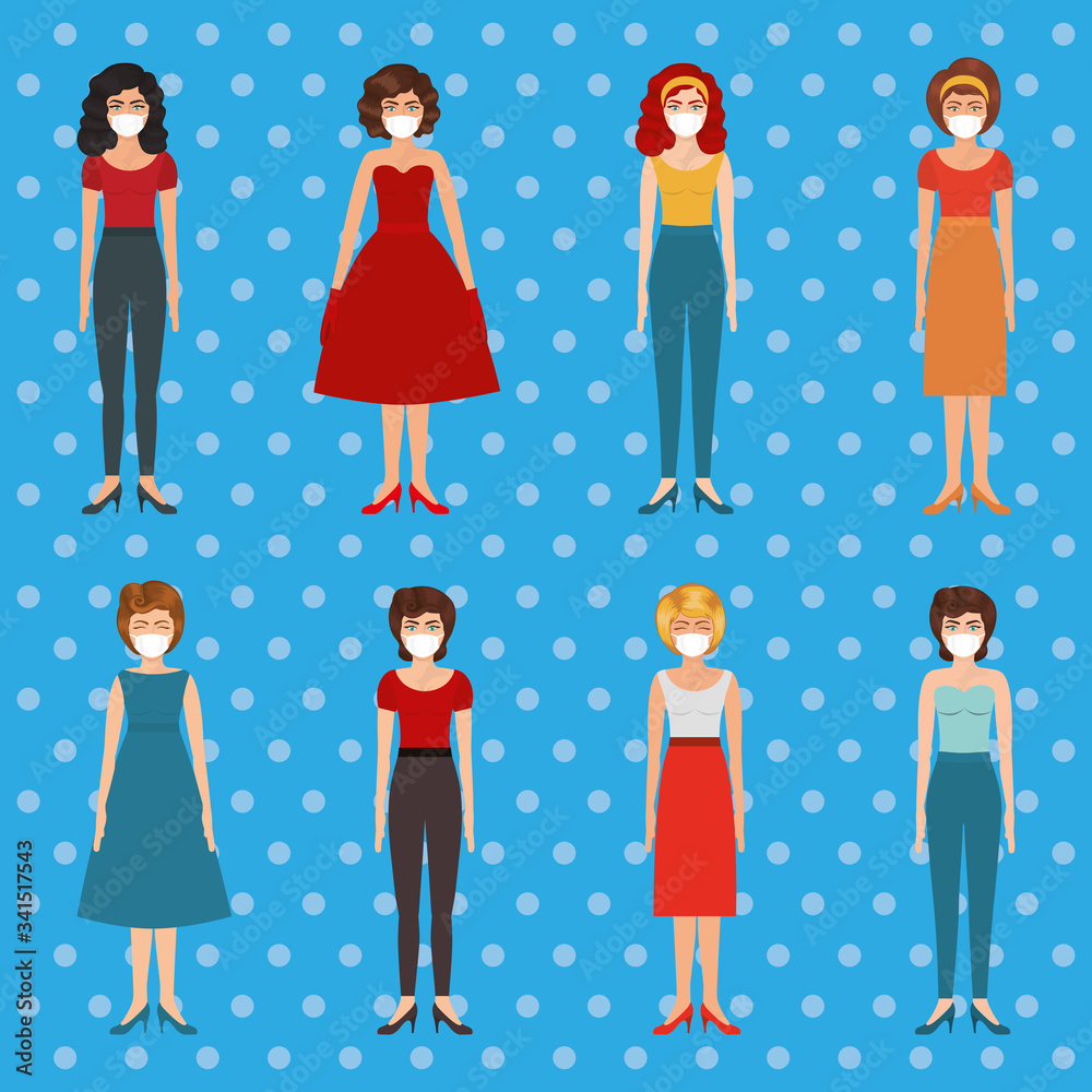 Pop art women with masks over pointed background vector design Pop art women with masks over pointed background vector design