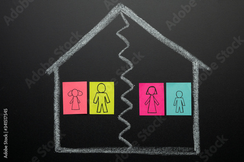 Social picture Drawn house on a blackboard with a couple, husband and wife, crossed out line. Concept of family relationships, problems in the family. © Anton