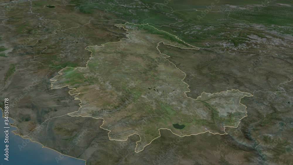 Ayacucho, region with its capital, zoomed and extruded on the satellite map of Peru in the conformal Stereographic projection. Animation 3D Ayacucho, region with its capital, zoomed and extruded on the satellite map of Peru in the conformal Stereographic projection. Animation 3D