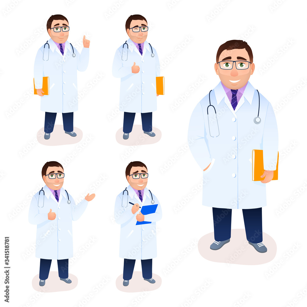 Flat doctor male character on white background. Young Caucasian physician in lab coat. Specialist medical research recipe prescription poses gestures facial expressions. Medicine vector illustration.