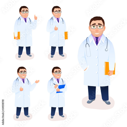 Flat doctor male character on white background. Young Caucasian physician in lab coat. Specialist medical research recipe prescription poses gestures facial expressions. Medicine vector illustration.