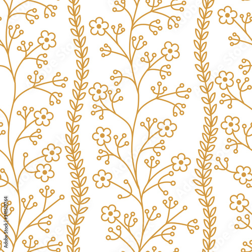 Floral pattern. Wildflowers. Seamless pattern gold outline on a white isolated background