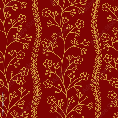 Floral pattern. Wildflowers. Seamless pattern gold outline on a red background.