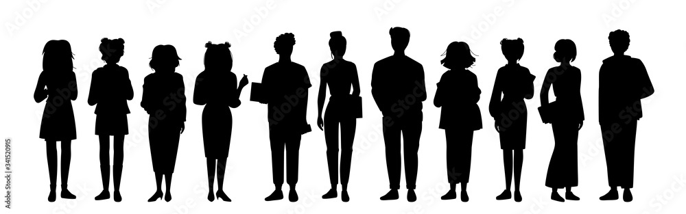 Set young people student black flat silhouette set. Monochrome group man womans casual clothes laptop, smartphone. Different nations representatives, gadgets in hand. Isolated vector illustration