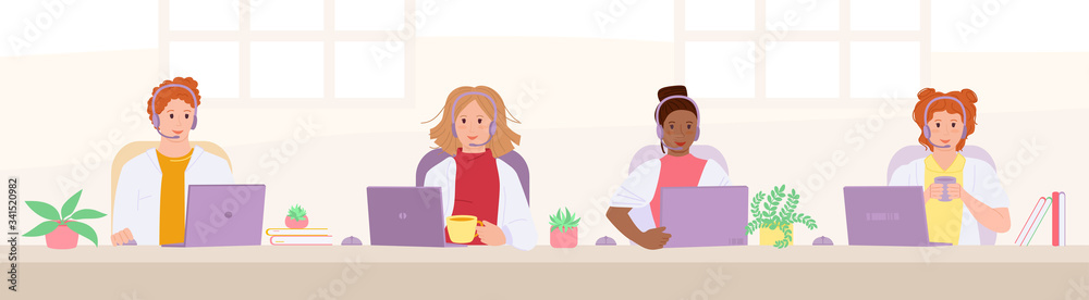 Smiling doctor answer calls advise. Call center hotline. Multiethnic doctors with headsets, health care, cartoon. Customer support department staff. Coronavirus prevention concept. Vector illustration Smiling doctor answer calls advise. Call center hotline. Multiethnic doctors with headsets, health care, cartoon. Customer support department staff. Coronavirus prevention concept. Vector illustration