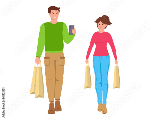 Young couple man and woman goes shopping flat cartoon. Grocery bags, food packages. Happy smiling people, using smartphone. casual clothes. Vector illustration isolated on a white