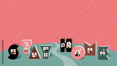 家にいよう_ピンク_stay home,Town,sky,house,pink