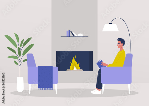 Young male character reading in the living room next to a fireplace, cozy interior