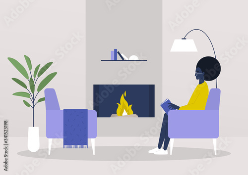 Young black female character reading in the living room next to a fireplace, cozy interior