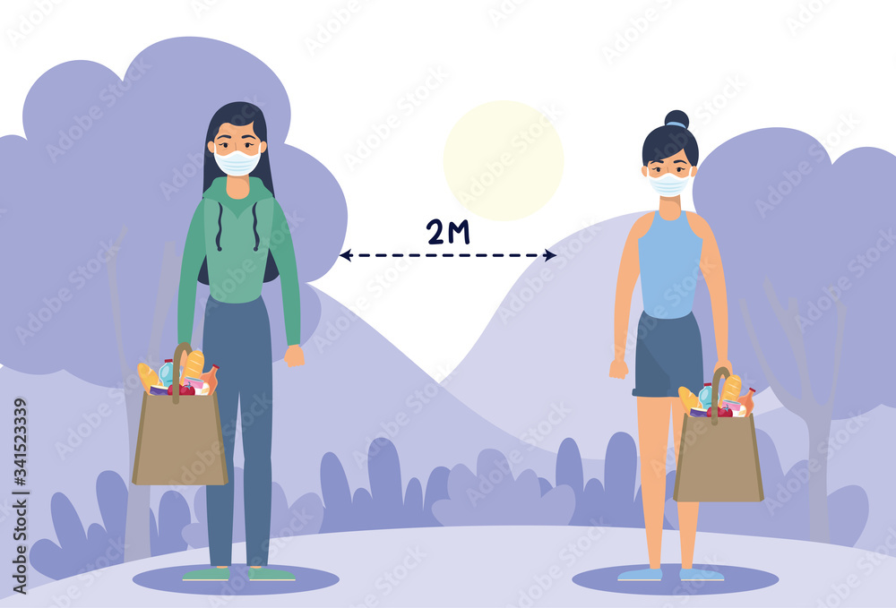 women with groceries shopping bag and social distancing for covid19 women with groceries shopping bag and social distancing for covid19