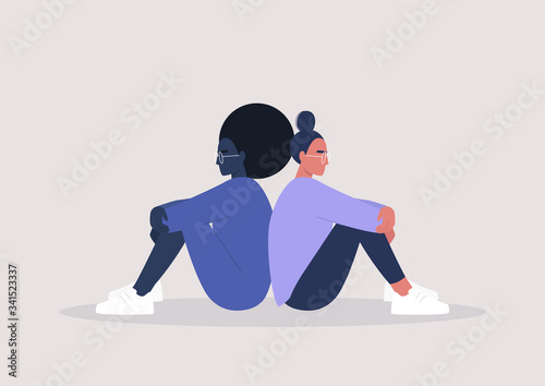 Two characters sitting back to back, disagreement, relationship troubles