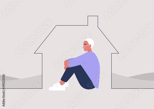 Young male character self isolated at home, quarantine and social distancing