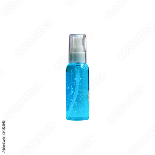 Transparent plastic bottle fully filled by blue alcohol gel.