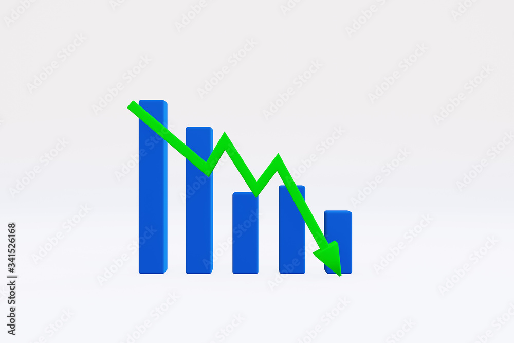 3D rendering - Graph trending downwards, Arrow pointing down on bar chart, 3D illustration 3D rendering - Graph trending downwards, Arrow pointing down on bar chart, 3D illustration