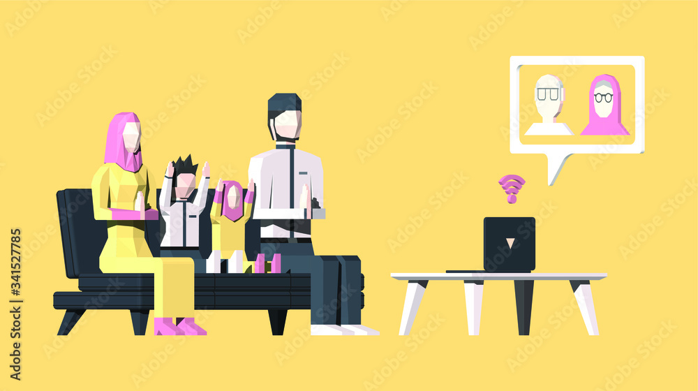 vector illustration of a family doing video cal to grandpa and grandma during Eid Al Fitr Day, to make social distancing due to COVID-19 issues. vector illustration of a family doing video cal to grandpa and grandma during Eid Al Fitr Day, to make social distancing due to COVID-19 issues.