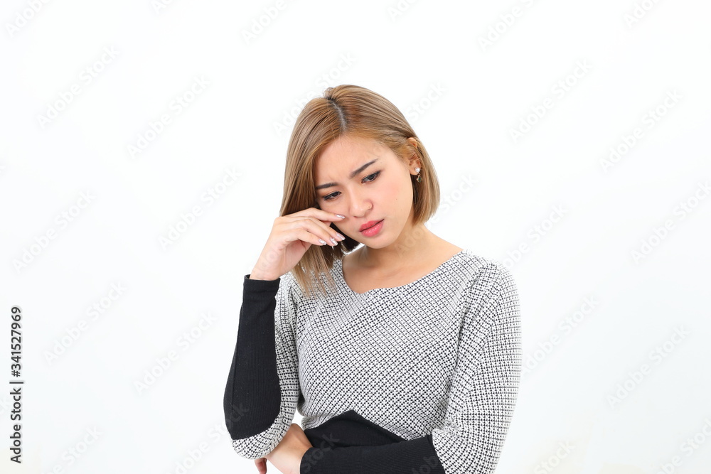South east Asian Chinese Woman facial expression stand thinking worried hand on chin South east Asian Chinese Woman facial expression stand thinking worried hand on chin