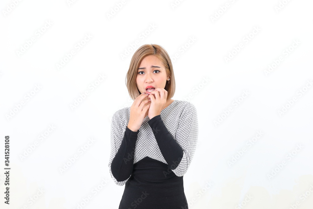 South east Asian Chinese Woman facial expression stand afraid worried hand on face moth South east Asian Chinese Woman facial expression stand afraid worried hand on face moth