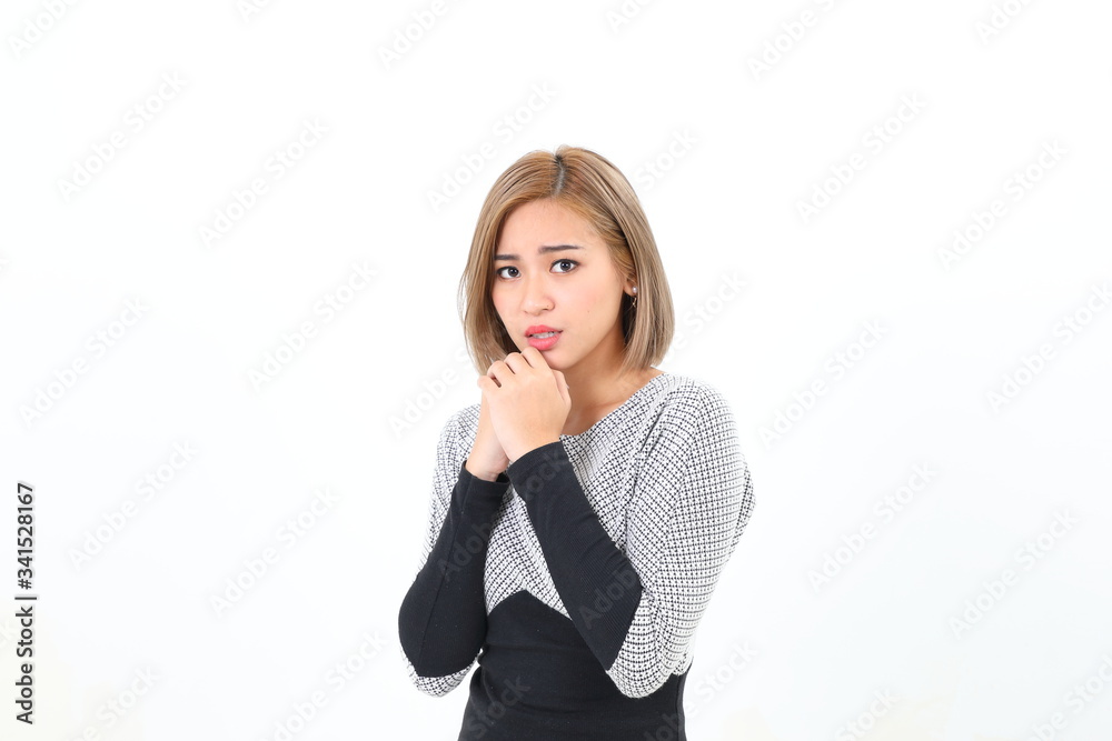 South east Asian Chinese Woman facial expression stand afraid worried hand on face moth South east Asian Chinese Woman facial expression stand afraid worried hand on face moth