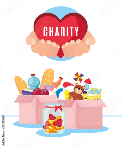 charity donation boxes with groceries and toys