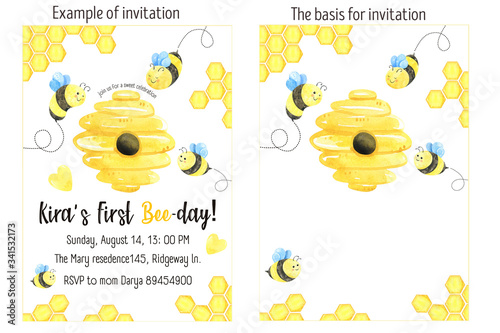 Watercolor cute bees invitation card, greeting card. Honey, summer theme. Bug illustrations, honey, beehive funny beetle. Honeycomb background. Honey design. Baby shower, birthday invitation card
