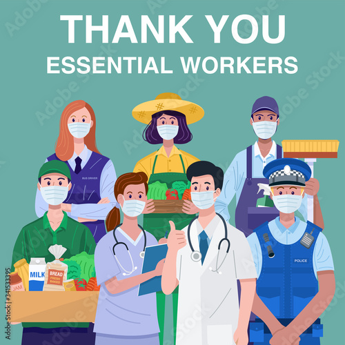 Thank You Essential Workers Concept. Various occupations people wearing face masks. Vector