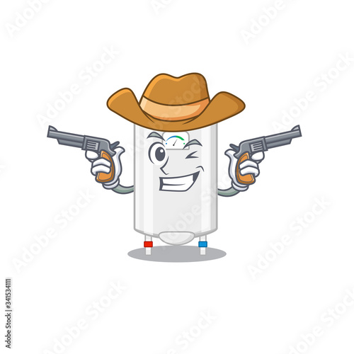 Cute handsome cowboy of gas water heater cartoon character with guns
