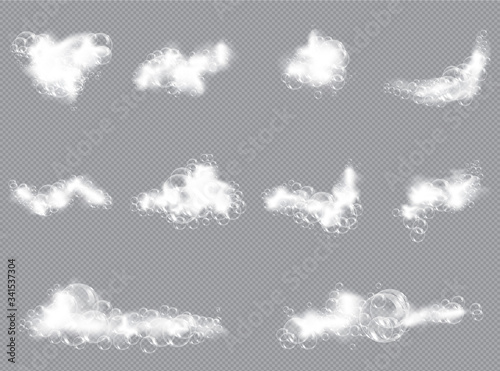 Bath foam soap with bubbles isolated vector illustration on transparent background. Set of shampoo and soap foam lather vector illustration.