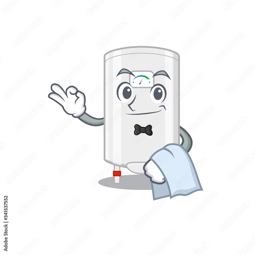 A cartoon character of gas water heater waiter working in the restaurant