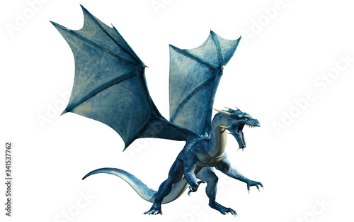 A blue dragon, a beast of myth and legend. Scaly and serpentine with bat-like wings, blues are known for spitting lightning. On a white background. 3D Rendering