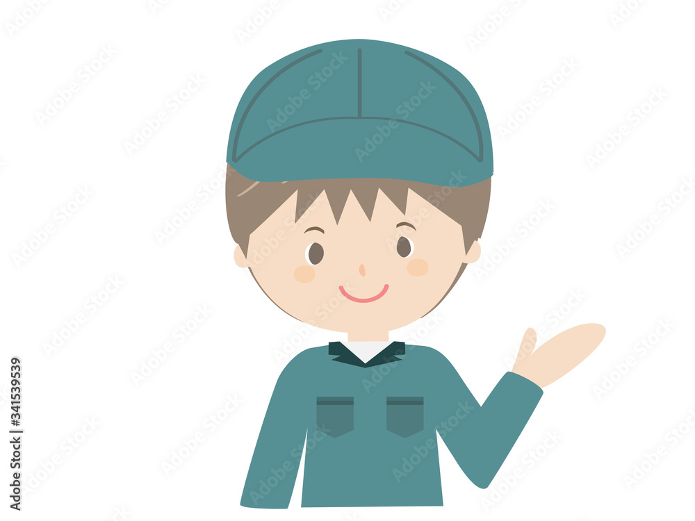 A man in work clothes guiding with a smile. A man in work clothes guiding with a smile.