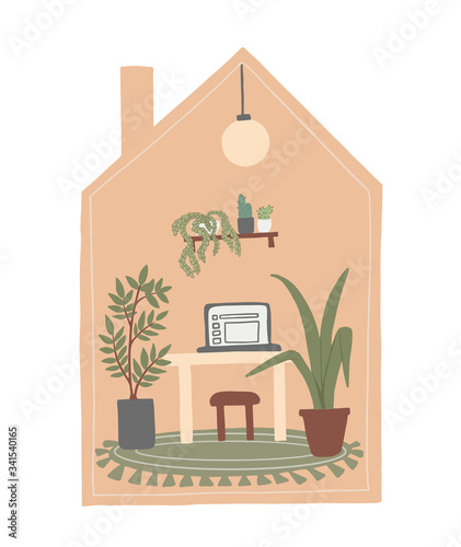 Concept of stay home, keep calm, stay safe. Cute modern house interior with plants, cactus, picture, desk, laptop and rag. Work or study from home, freelance idea vector illustration