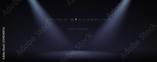 Black empty room illuminate two spotlights. Soft gradient. Dark studio can used for background and display brand or product. Black edition. Vector 3d illustration