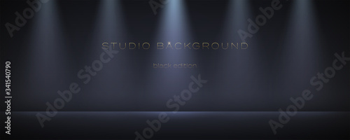 Black empty studio with many spotlights. Soft gradient on the wall and floor. Dark room can used for background and display brand or product. Black edition. Vector 3d illustration