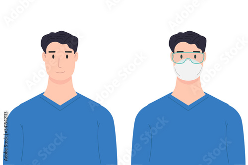 Illustration of medical worker with antivirus protection, medical masks and protective glasses. Design element for poster, label, sign, emblem, infographic. Vector illustration