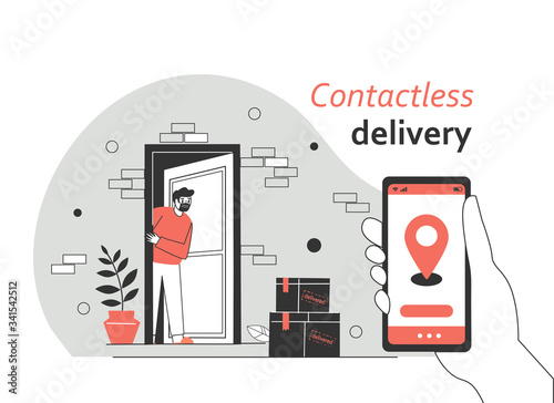 Contactless delivery concept illustration. Order contactless delivery via application, smartphone, website. Protection form covid-19 or coronavirus. Flat vector illustration.