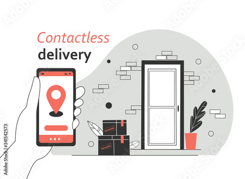 Contactless delivery concept illustration. Order contactless delivery via application, smartphone, website. Protection form covid-19 or coronavirus. Flat vector illustration.