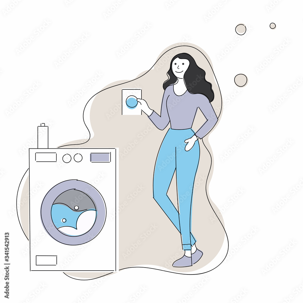 Woman housewife washes clothes in the washing machine. Vector ...
