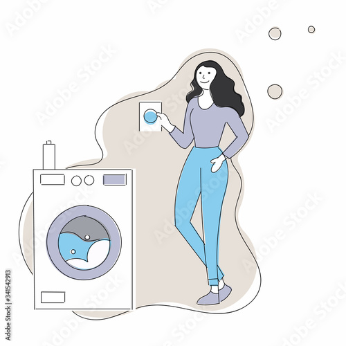 Woman housewife washes clothes in the washing machine. Vector illustration in a flat style. Girl and near her things and laundry powder. washing machine. Laundry and domestic work. Equipment for