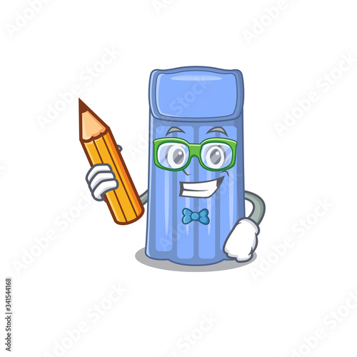 A brainy student water mattress cartoon character with pencil and glasses