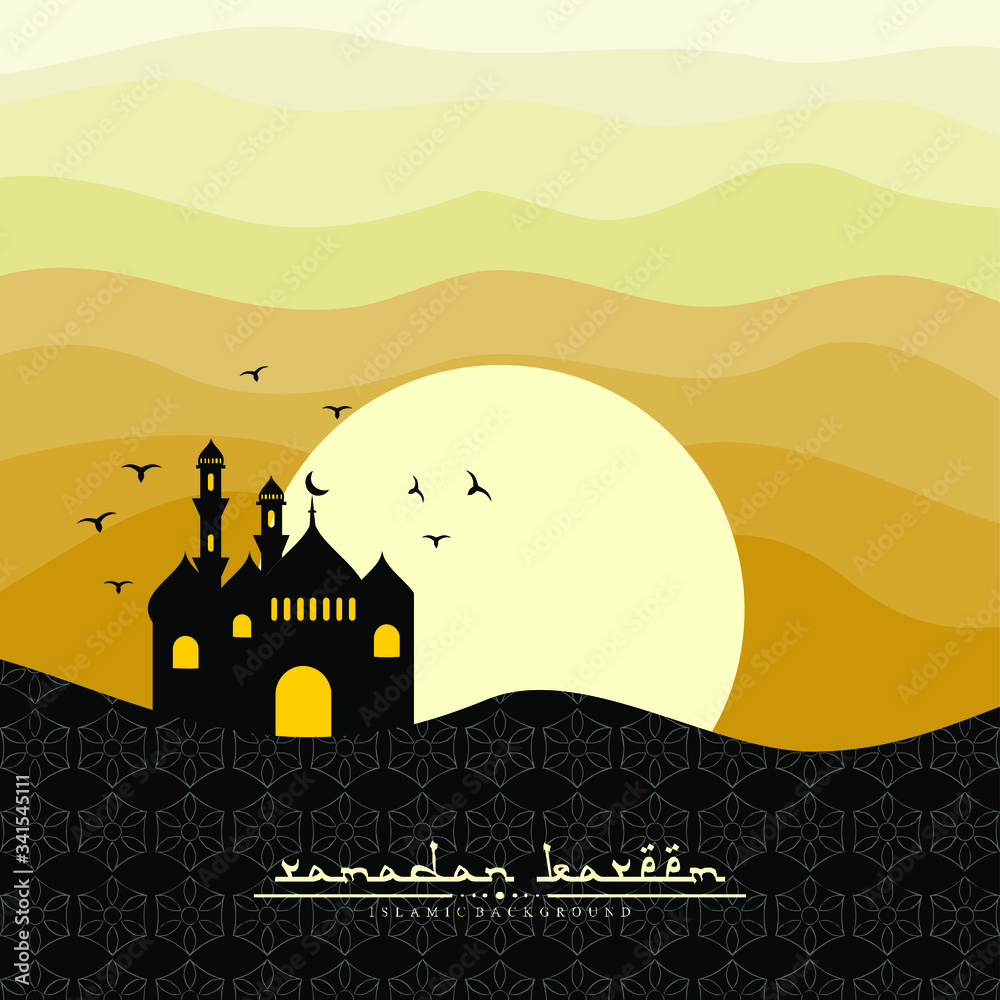 ramadan kareem background with mosque and sunset vector