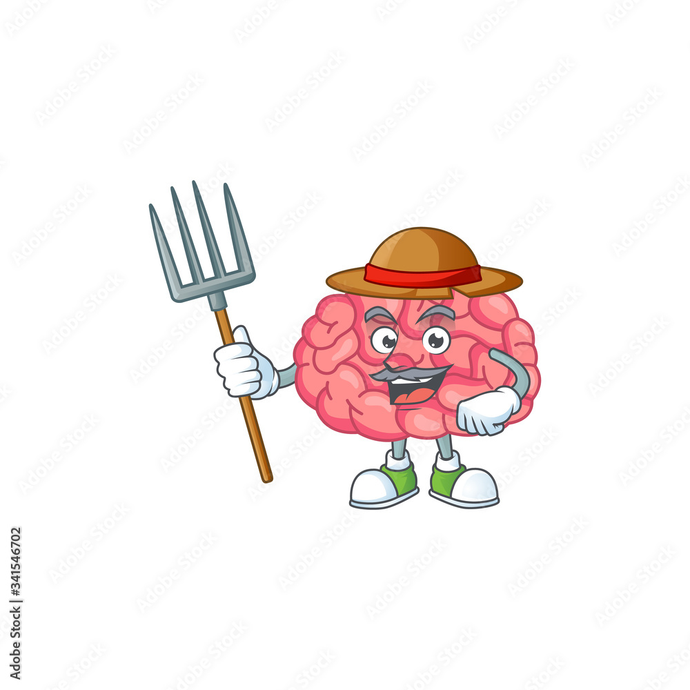 Mascot design style of Farmer brain with hat and pitchfork Mascot design style of Farmer brain with hat and pitchfork