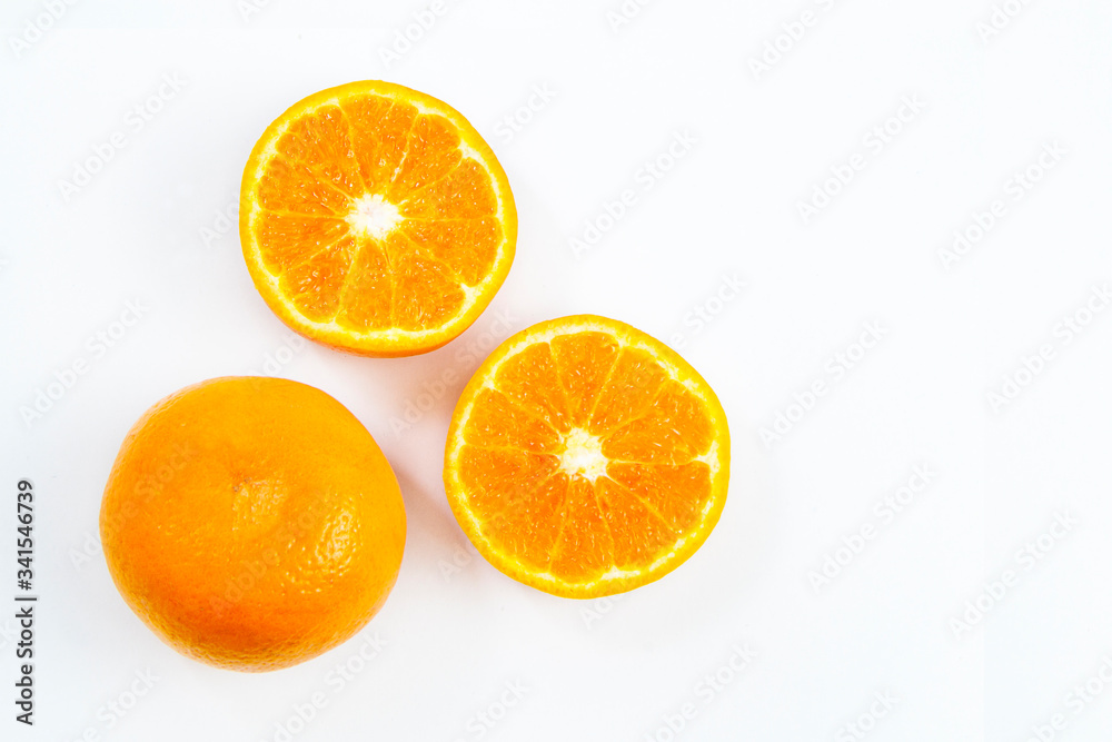 oranges fruits isolated on white background with clipping path. flat lay shoot