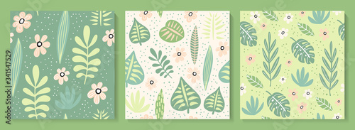 Abstract creative seamless patterns with tropical plants.