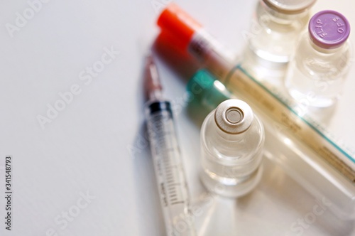 Medicine in vials and syringe , ready for vaccine injection , Cancer Treatment , Pain Treatment and can also be abused for an illegal use, healthcare and medical concept vaccination.