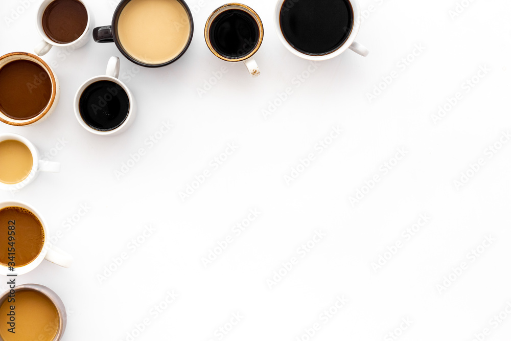 Coffee addiction. Many of cups on white table top view space for text