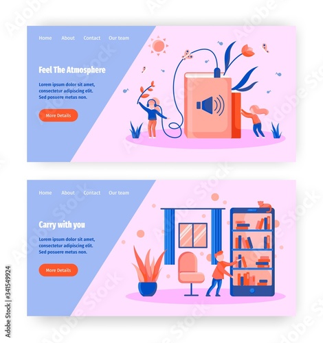 Audio book and digital library concept illustration. Girl listen audiobook in headphones. Mobile phone with electronic books. Vector web site design template. Landing page website illustration.