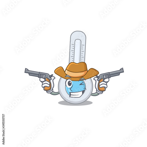 Cute handsome cowboy of cold thermometer cartoon character with guns
